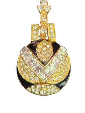 Vintage Crystal Orb Pendant Statement Gold Tone Black Enamel Half-Dome ✨️
